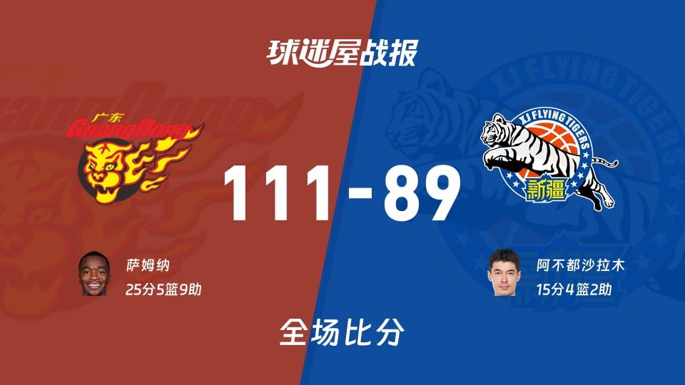 CBA常规赛:萨姆纳25 5 9,广东以111-89战胜新疆