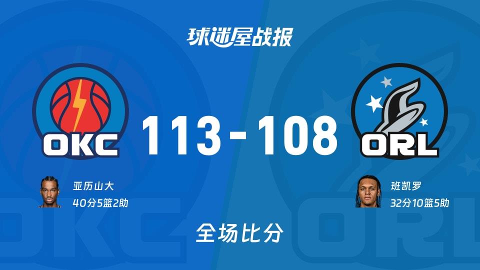 NBA雷霆vs魔术战报:113-108,亚历山大40 5 2
