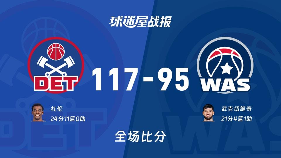 NBA活塞vs奇才战报:117-95,杜伦24 11