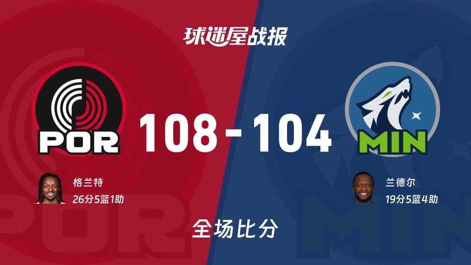 NBA常规赛:开拓者以108-104战胜森林狼,格兰特26 5 1