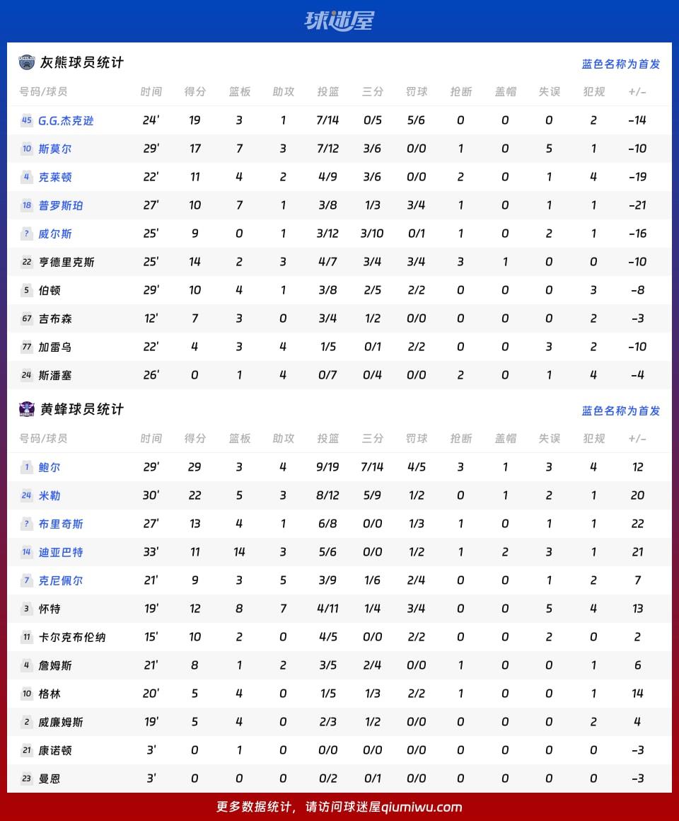 灰熊vs黄蜂球员数据