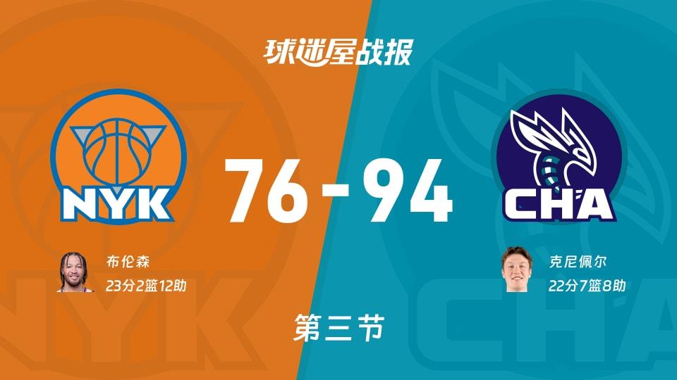 NBA常规赛:黄蜂三节领先尼克斯18分,克尼佩尔得到22分,布伦森得到23分