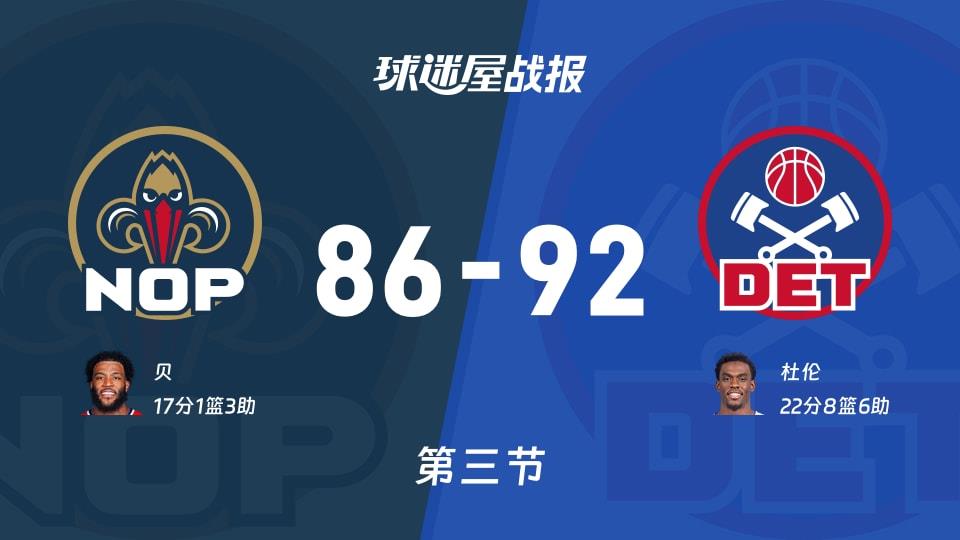 鹈鹕vs活塞：三节战罢，鹈鹕86-92活塞，杜伦得到22分