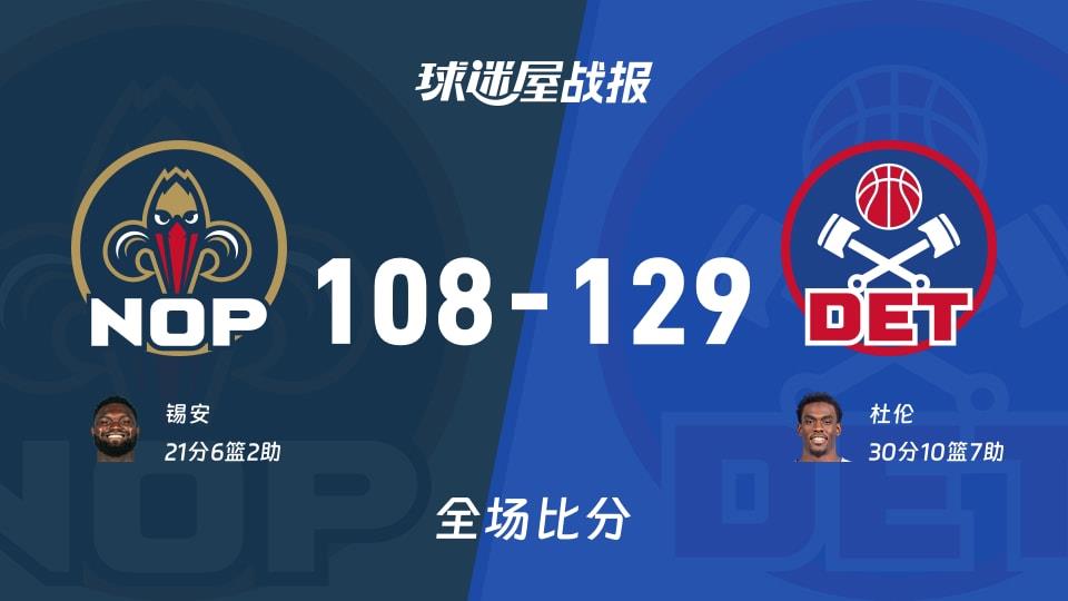 NBA鹈鹕vs活塞战报:108-129,杜伦30 10 7