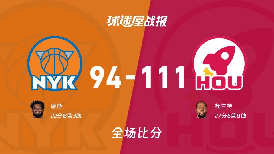 NBA常规赛:杜兰特27 6 8,火箭以111-94战胜尼克斯
