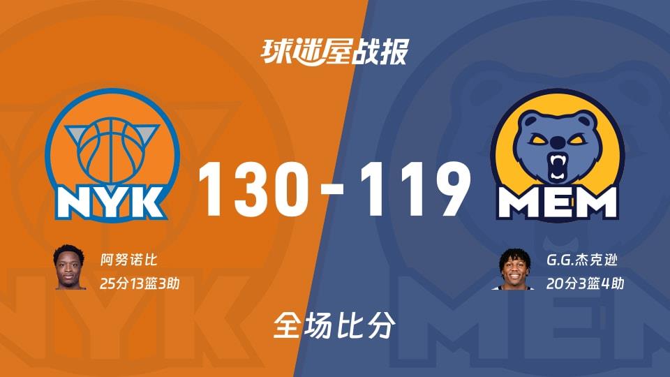 NBA常规赛:尼克斯以130-119战胜灰熊,阿努诺比25 13 3
