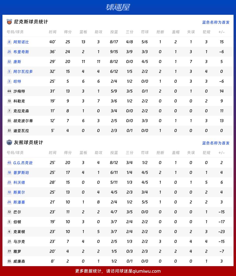 尼克斯vs灰熊球员数据