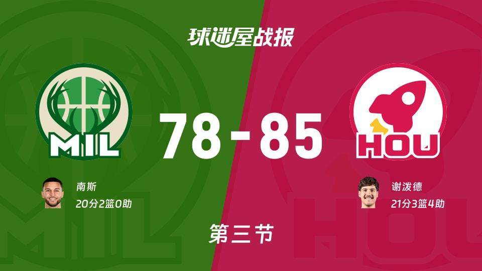 NBA常规赛:火箭第三节领先雄鹿7分,谢泼德得到21分,南斯得到20分