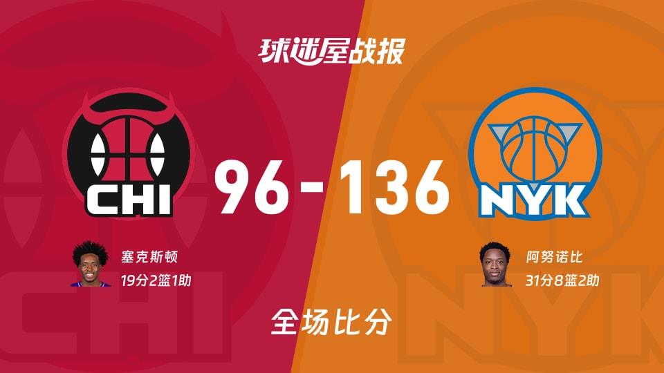NBA常规赛:尼克斯以136-96战胜公牛,阿努诺比31 8 2