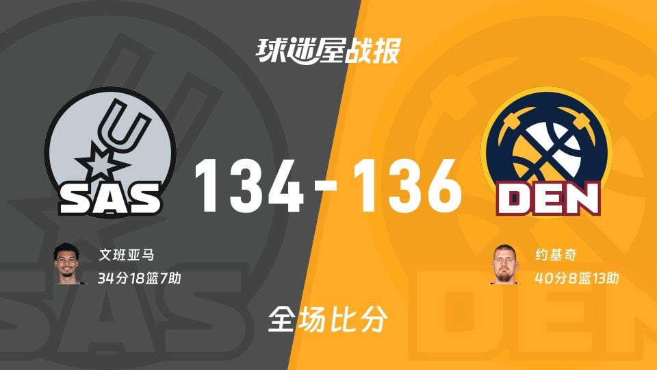 NBA常规赛:掘金以136-134战胜马刺,约基奇40 8 13