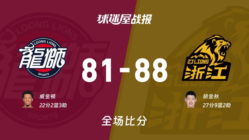CBA常规赛:胡金秋27 9 2,广厦以88-81战胜广州